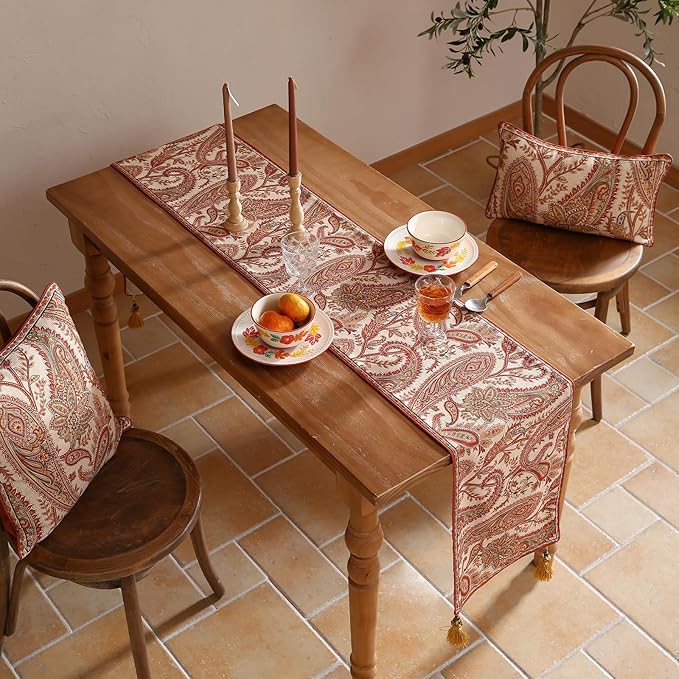 ISAENNE Designer Elegant Red Linen Extra Long Table Runner 118 Inches,Vintage Paisley Pattern Durable Table Runners for Dining Tables,Thanksgiving,Kitchen Tables,Christmas,12"*118"-Chauffrey A