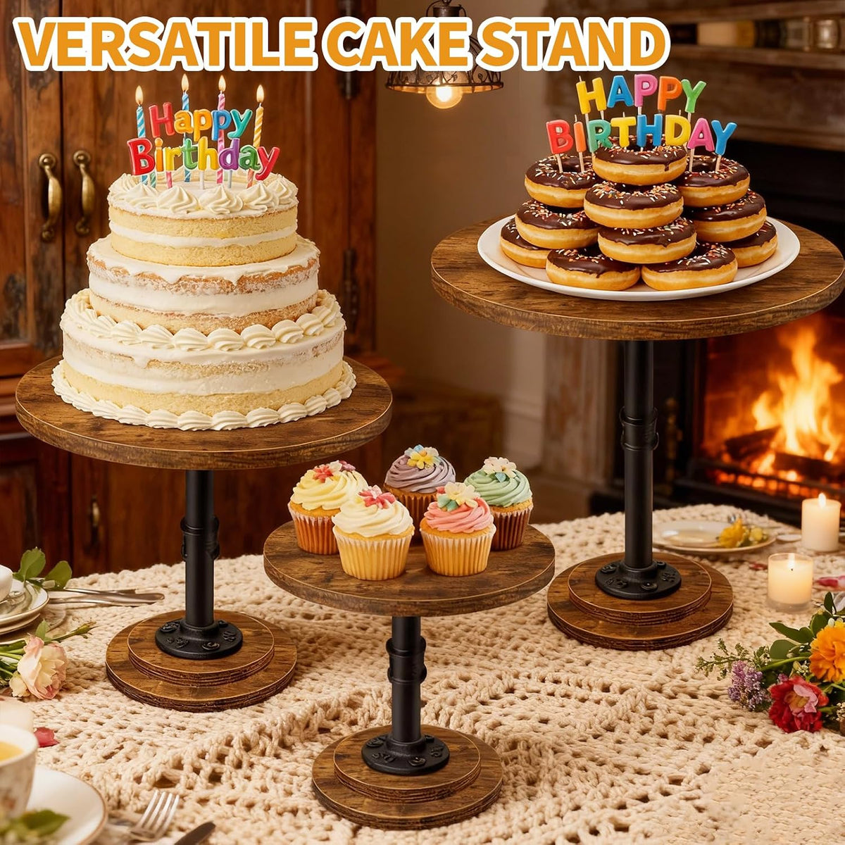 Cake Stand Set of 3, Rustic Industrial Wood Round Cupcake Stands