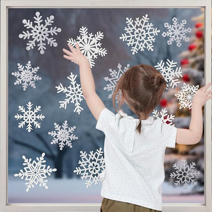 Winter Snowflake Cutouts - Glitter Paper Snowflake Decorations - 50Pcs White & Silver Double-Side Christmas Cutouts for Holiday Winter Wonderland Bulletin Board, Frozen Party Decor