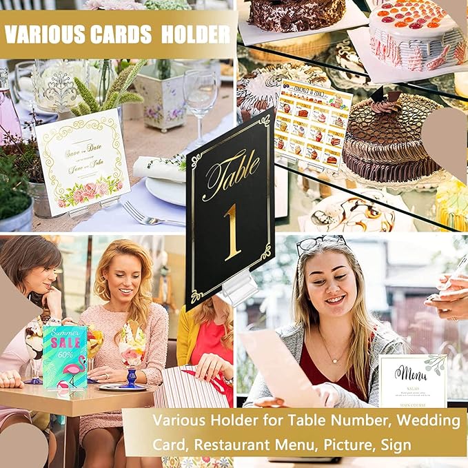 Table Number Place Card Playing Card Holders 60 Pack, Small Clear Acrylic Business Card Holder Stand for Display Paper Game Piece Picture Clip Price Board Photo Memo Menus Label Stand Party, 0.75in