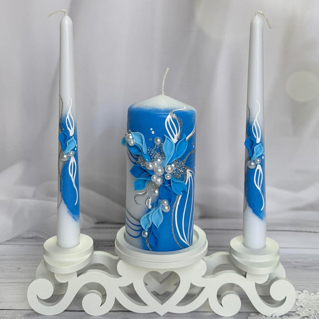 Unity Candle Set for Wedding Ceremony & Reception – 6” Pillar & Two 10” Taper Candles – Wedding Decor for Reception and Church Services – Handmade in USA –White | Royal Blue