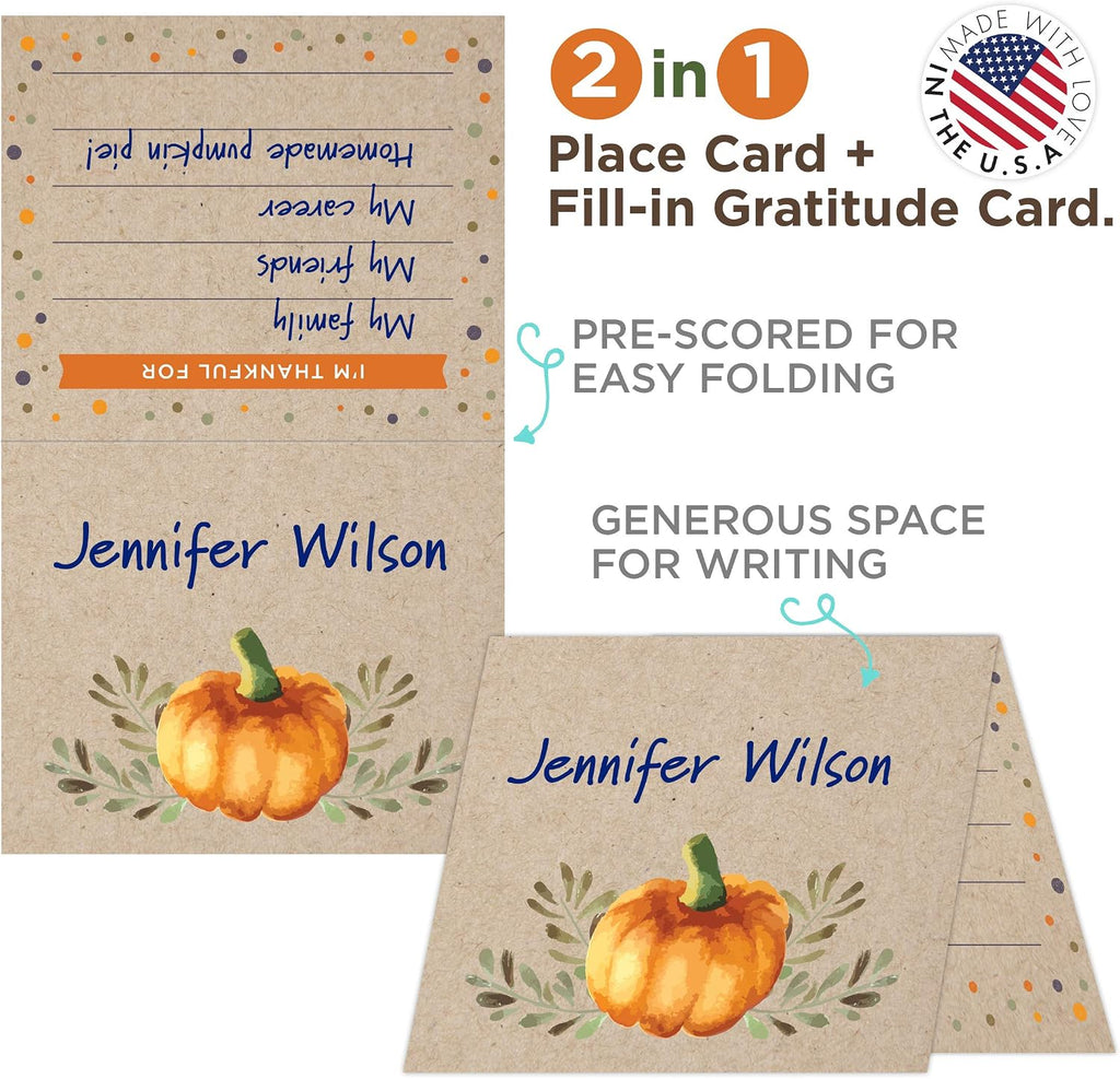 Koko Paper Co Thanksgiving Place Cards with Fill-in Gratitude Cards | Pack of 50 Cards | Printed on Heavy Card Stock.