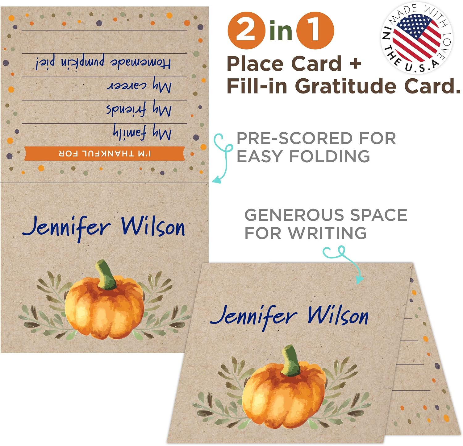 Koko Paper Co Thanksgiving Place Cards with Fill-in Gratitude Cards | Pack of 50 Cards | Printed on Heavy Card Stock.