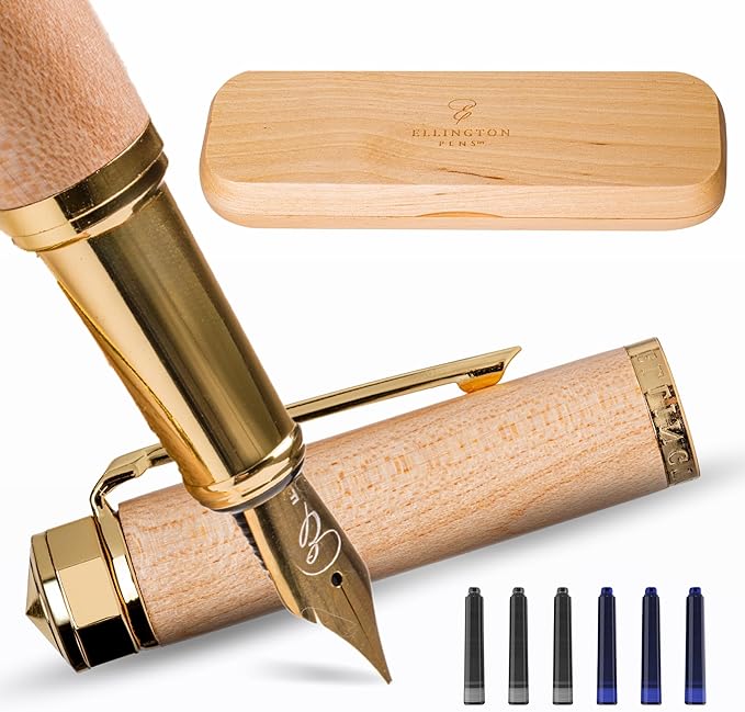 Ellington Pens Elegant Wood Fountain Pen Set – Includes Wooden Pen Box, Ink Converter, 6 Ink Cartridges, and Gift Box – Writing, Calligraphy