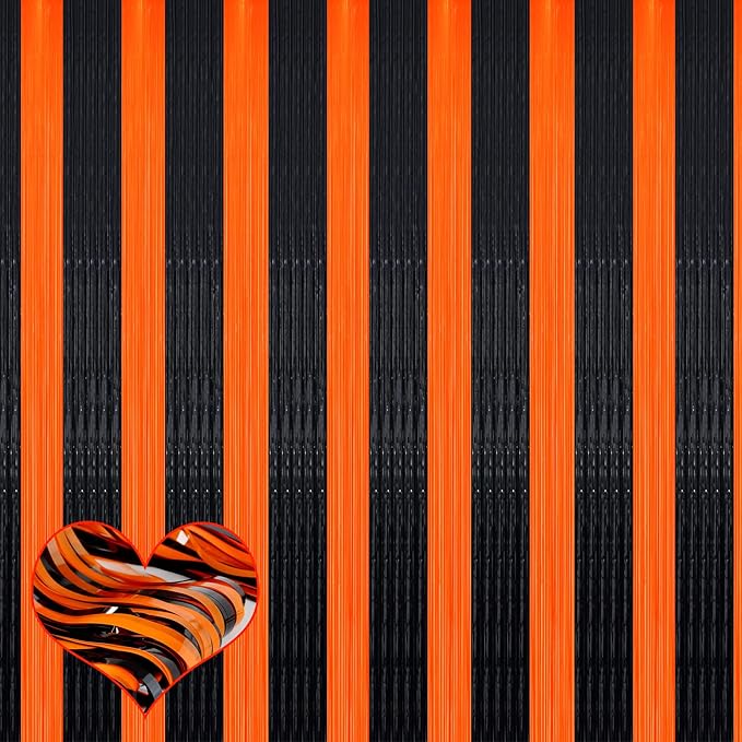 4 Pack Black Orange Fringe Curtain Backdrop, 3.2Ft x 6.6Ft Metallic Tinsel Foil Fringe Streamers Curtains Background for Photo Booth Birthday Baby Shower Party Thanksgiving Christmas Decorations