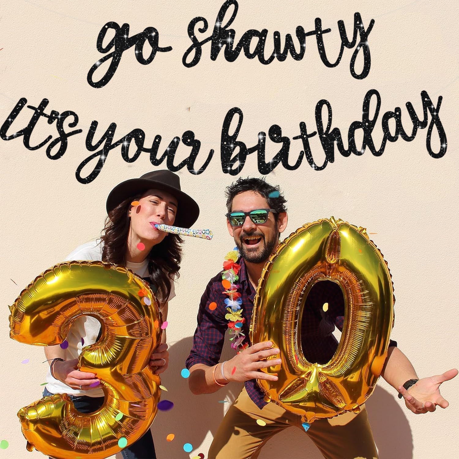 BEISHIDA Go Shawty It's Your Birthday Banner NO DIY Hip Hop Theme Happy Birthday Banner Pre-Strung Rap Theme Happy Birthday Sign for Man Women birthday Party Supply Glitter Black