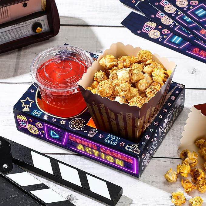 Faccito 36 Pcs Movie Night Snack Trays Movie Theater Snack Boxes Night Supply Disposable Paper Holder Tray for Popcorn Food Candy Drink Party 8 x 6 Inch(Black Purple,Classic Style)