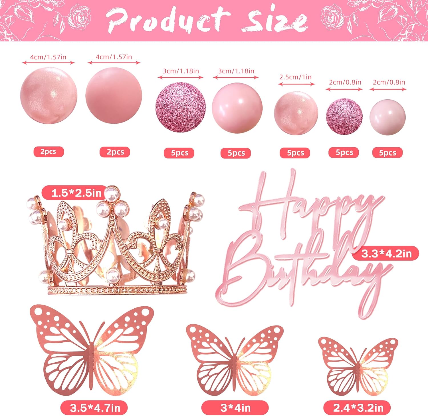 Balls Cake Toppers Happy Birthday Crown Tiara Cake Toppers for Birthday Wedding Baby Shower Party Decorations (Rose Gold Pink)