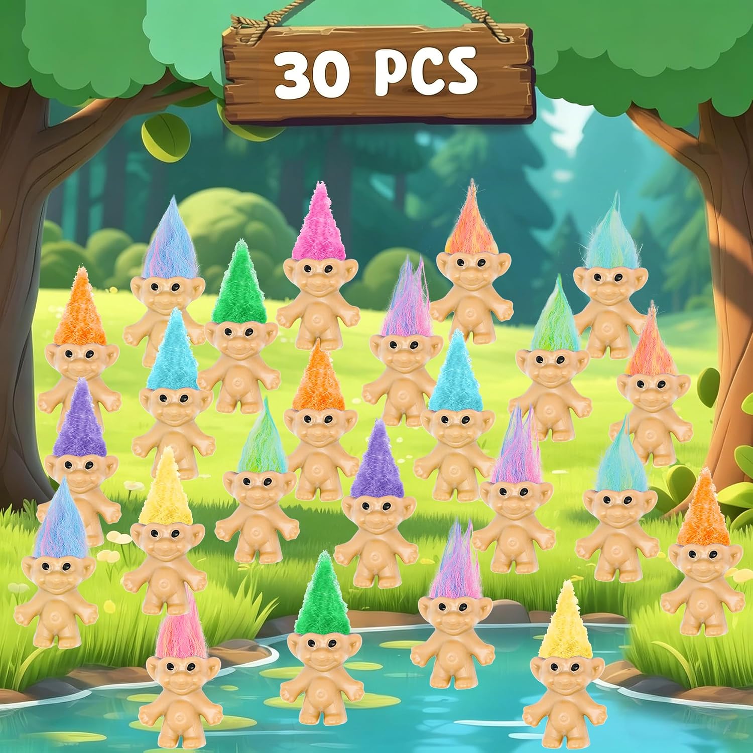 30 Pcs Long-Haired Lucky Mini Troll Dolls - 4" Vintage Style Action Figures (0.8" Body) with Colorful Hair. Small Toys for Kids Goodie Bag Fillers, Classroom Prizes, Pinata Stuffers & Cake Toppers