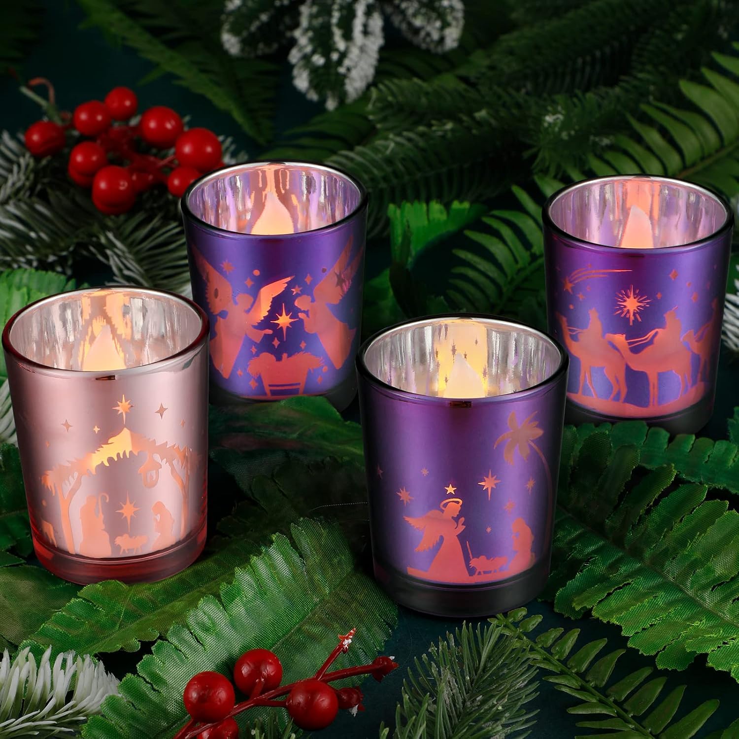 4 Pcs Christmas Advent Candle Holder Nativity Scene Candle Holder Glass Purple and Pink Tealight Candle Holders for Holiday Xmas Wedding Church Home Decor, 4 Styles
