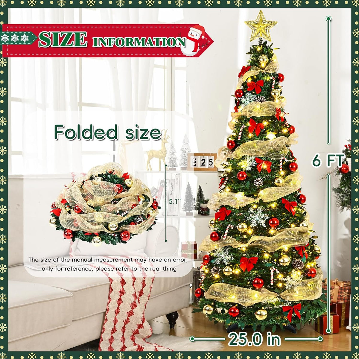6ft pre lit pop up christmas tree,pre-decorated artificial, side view