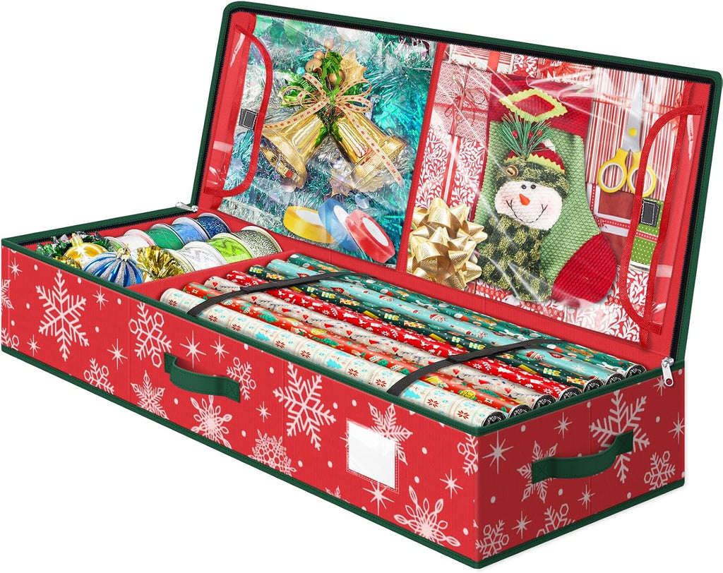 StorageRight Wrapping Paper Organizer Storage Container, Christmas Gift Wrapping Paper Storage Box for Paper Ornaments，Paper Storage Holder for Holiday Decoration Snowflake/Red