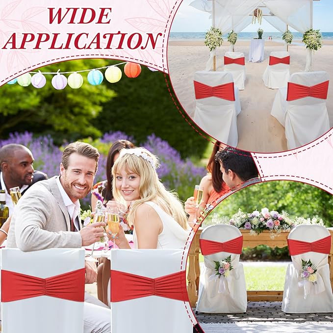 Moukeren 100 Pcs Spandex Chair Sashes Bows Bands Slider Sashes for Chair Covers Elastic Bands Ties Ribbon Decorations for Wedding Party Events Ceremony Birthday Banquet(Red)