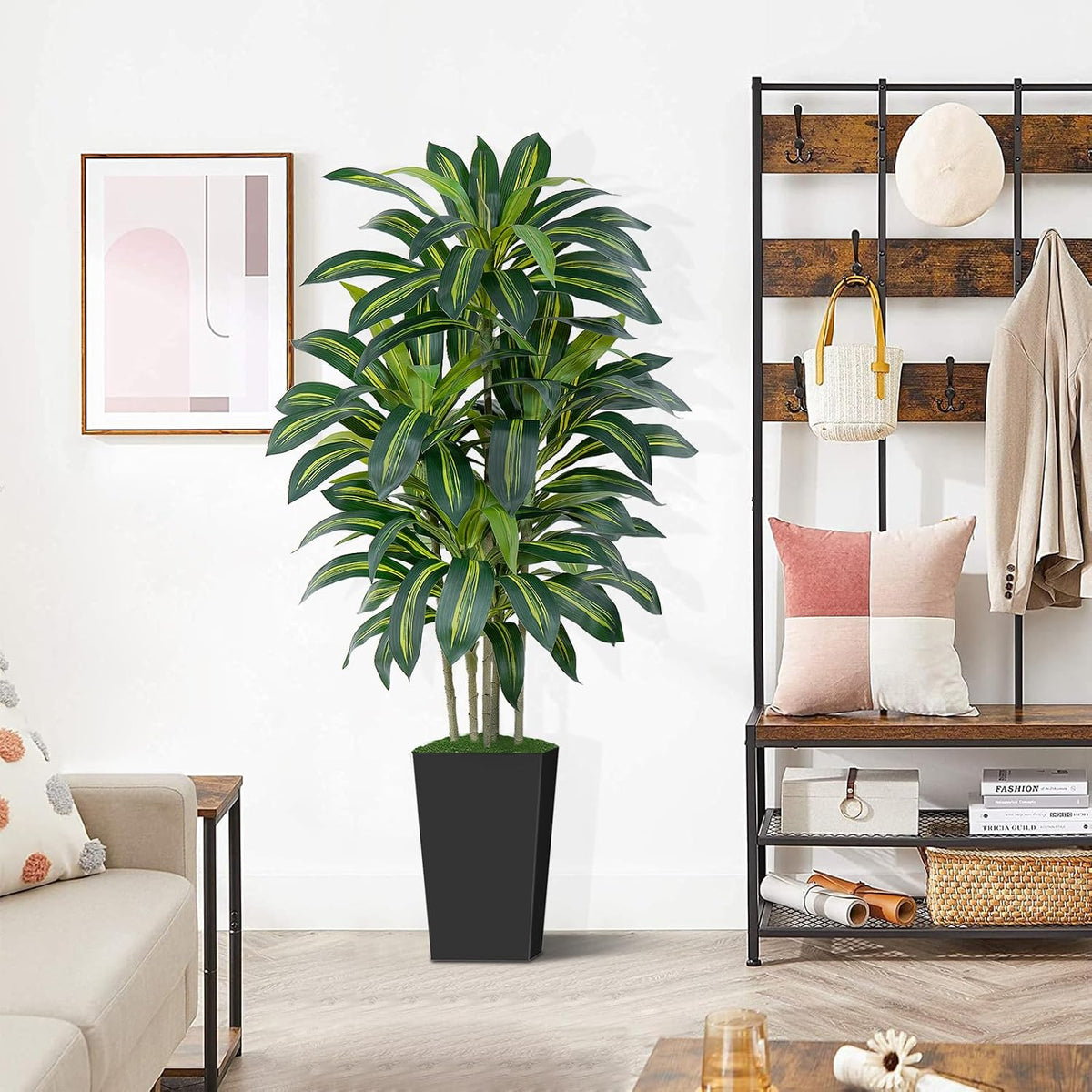 5FT Artificial Dracaena Tree - High-Density Foliage Fake Plant with Black Tal...
