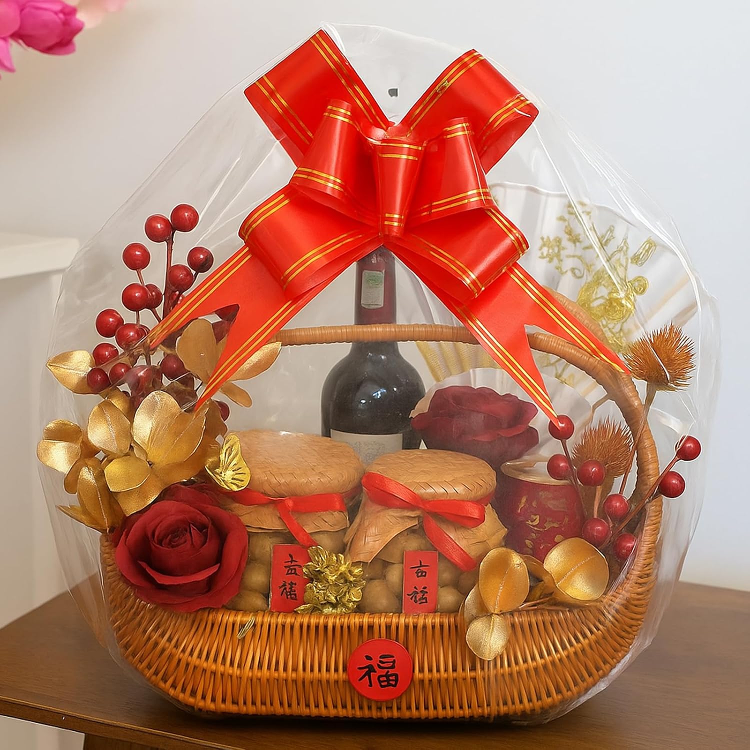 WIKDAY Shrink Wrap Bags for Gift Baskets 10 PCS 24x30 Inches Large Cellophane Bags Wrapping Plastic Clear Jumbo Basket Wrap Bags