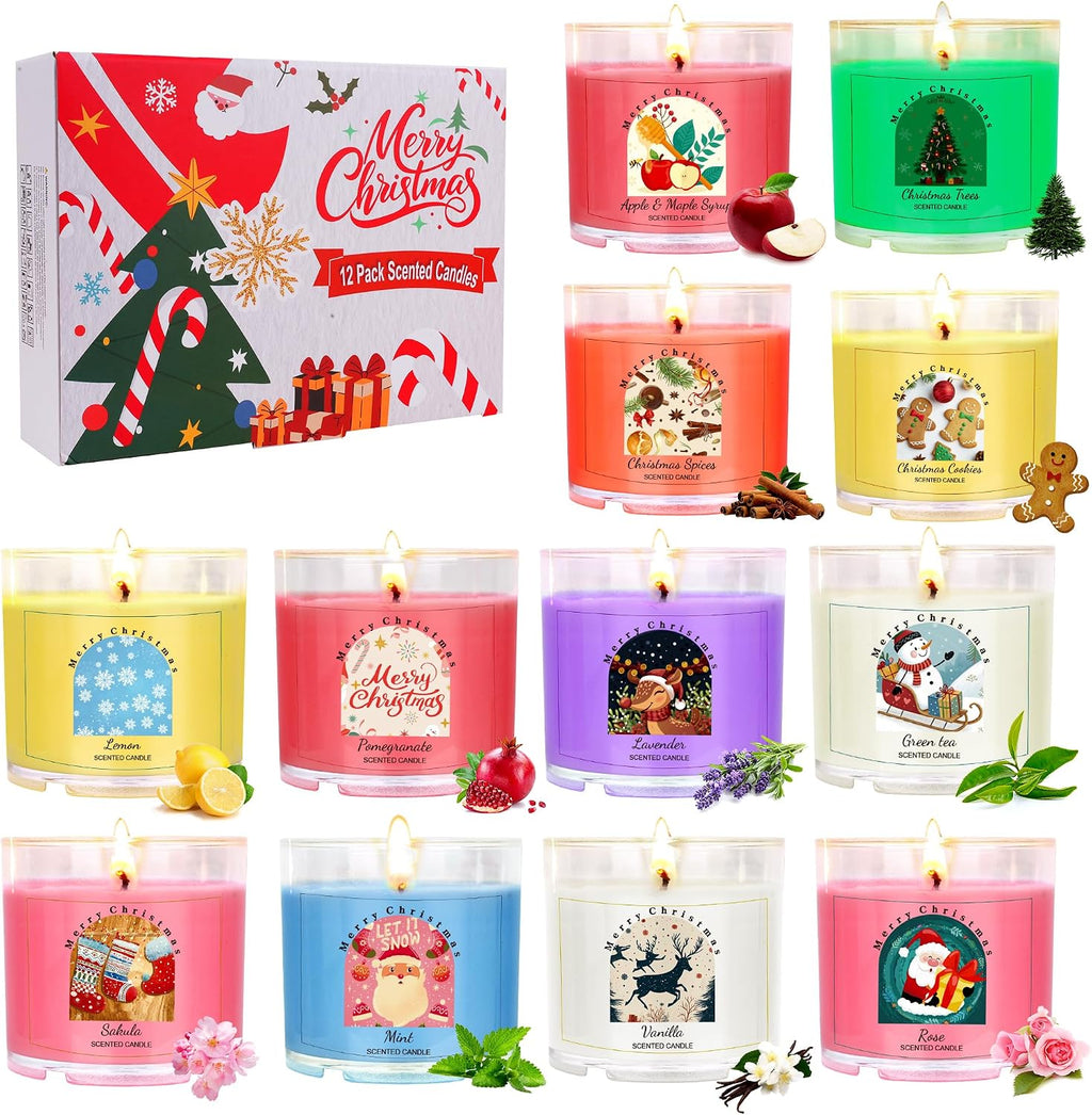 Christmas Candles for Women 12 Pack Candles for Home Scented Winter Holiday 240Hours Small Natural Soy Wax Candle Bulk Mini Candle Gift Set for Men Women Holiday Christmas New Year Winter Décor