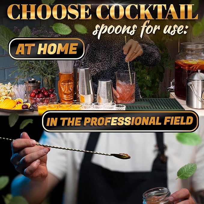 Bar Spoon Set of 4 – Gold Coffee Spoons for Pro and Home Use, Polished Stainless Steel Stirring Spoons with Twisted Spiral Handle - Cocktail Stirrers for Drinks Like Coffee, Smoothie, and Iced Tea