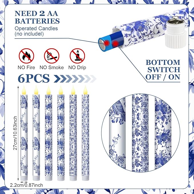 Baquler 6 Pcs Chinoiserie Bird Floral Flameless Candles 10.6 Inch Christmas Blue and White Battery Operated Led Candlesticks Chinoiserie Decor for Christmas Centerpiece Xmas Party Decor Holiday Gifts