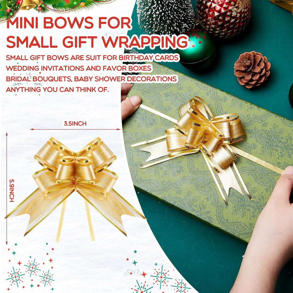 Geosar 200 Pieces 200 Pcs 3.5 Inch Mini Pull Bows for Gift Wrapping Easter Bow Ribbon Butterfly for Holiday Wedding Birthday Presents Baskets Wrapping Decoration (Gold)
