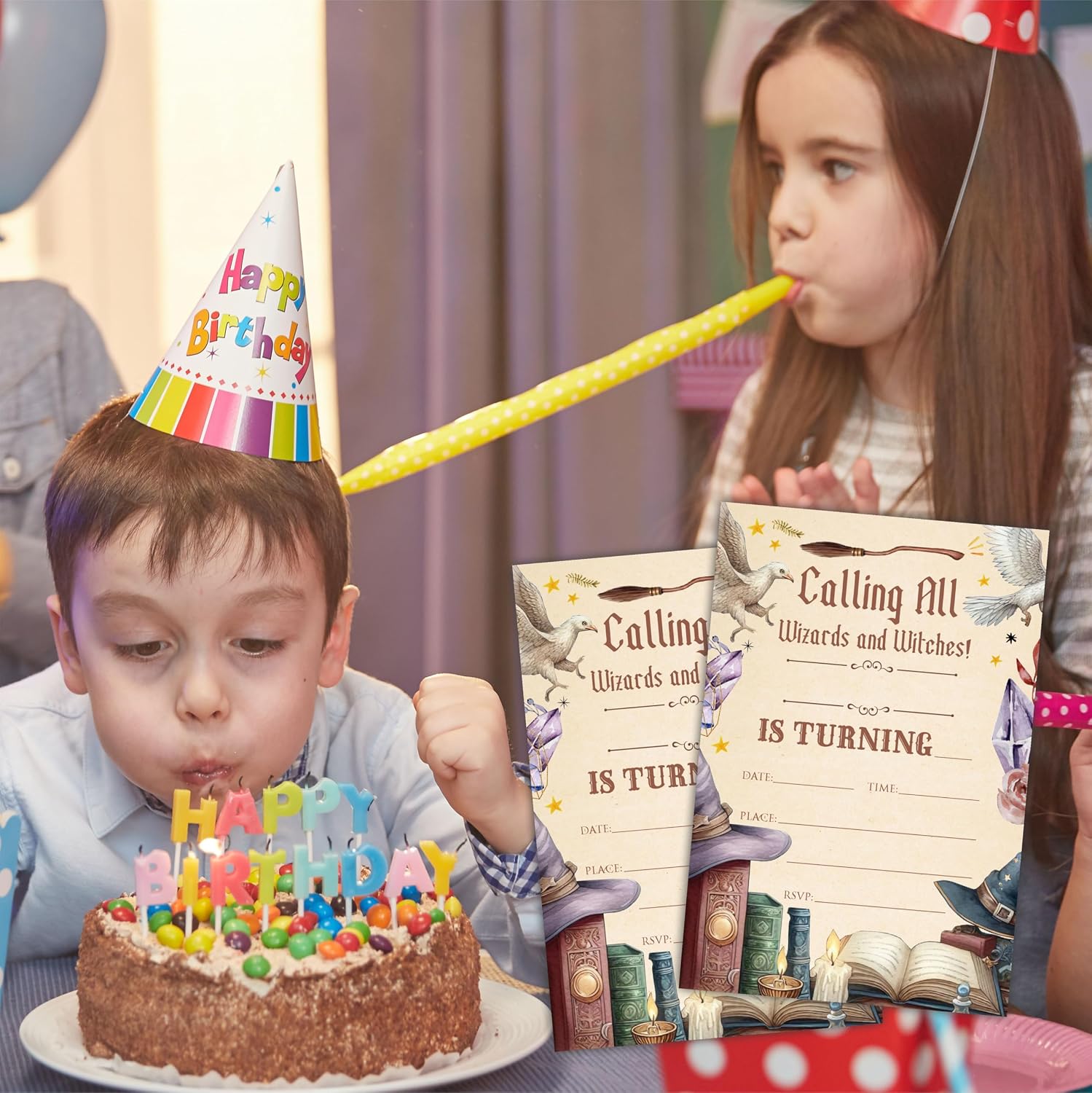 Watercolor Magical Theme Birthday Invitation Cards With Envelopes - Calling All Wizards And Witches - 20 Pcs Double-Sided Fill-In Birthday Invites For Teen, Boys Girls, Party Favor & Decorations - B19