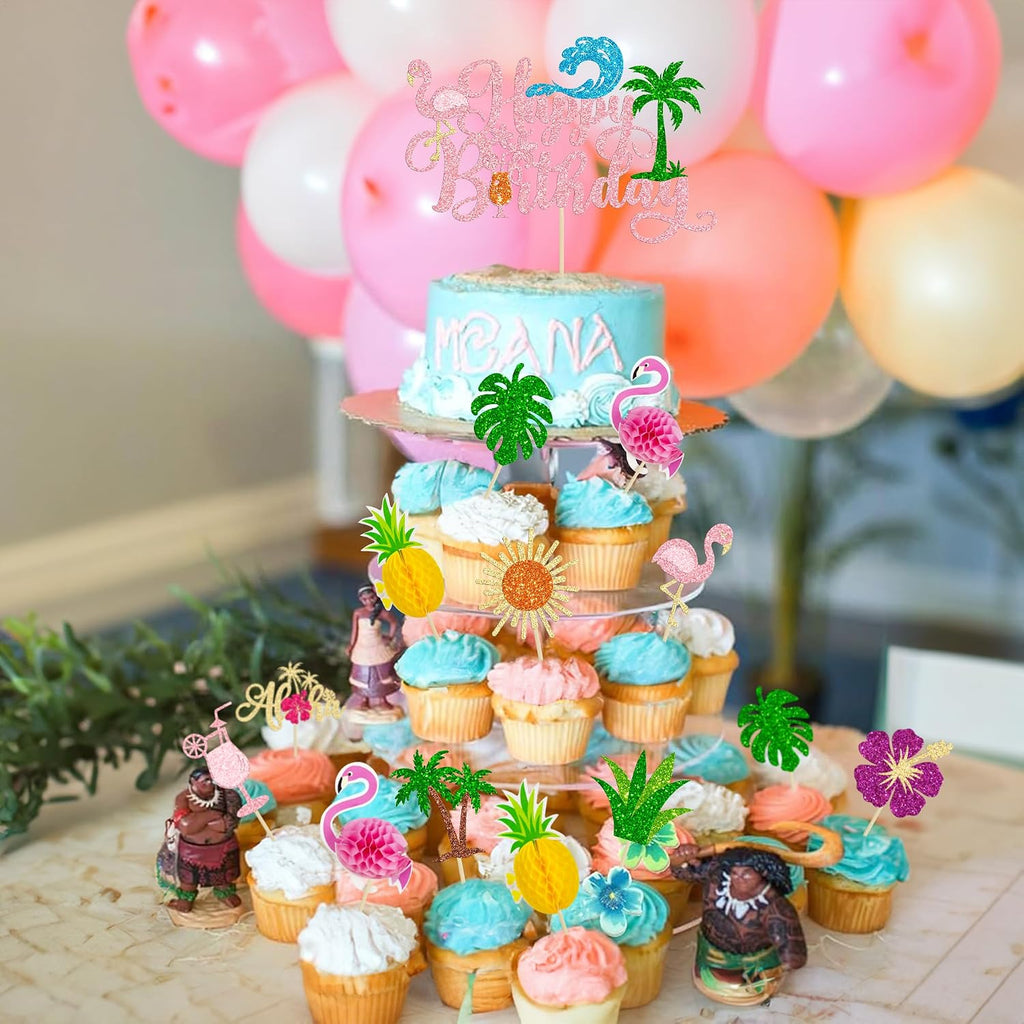 Ephlyn 33Pcs Summer Beach Happy Birthday Cake Topper Tropical Cupcake Toppers Flamingo Flower Palm Tree Cake Decorations for Summer Hawaiian Birthday Party Supplies Pink Multicolor