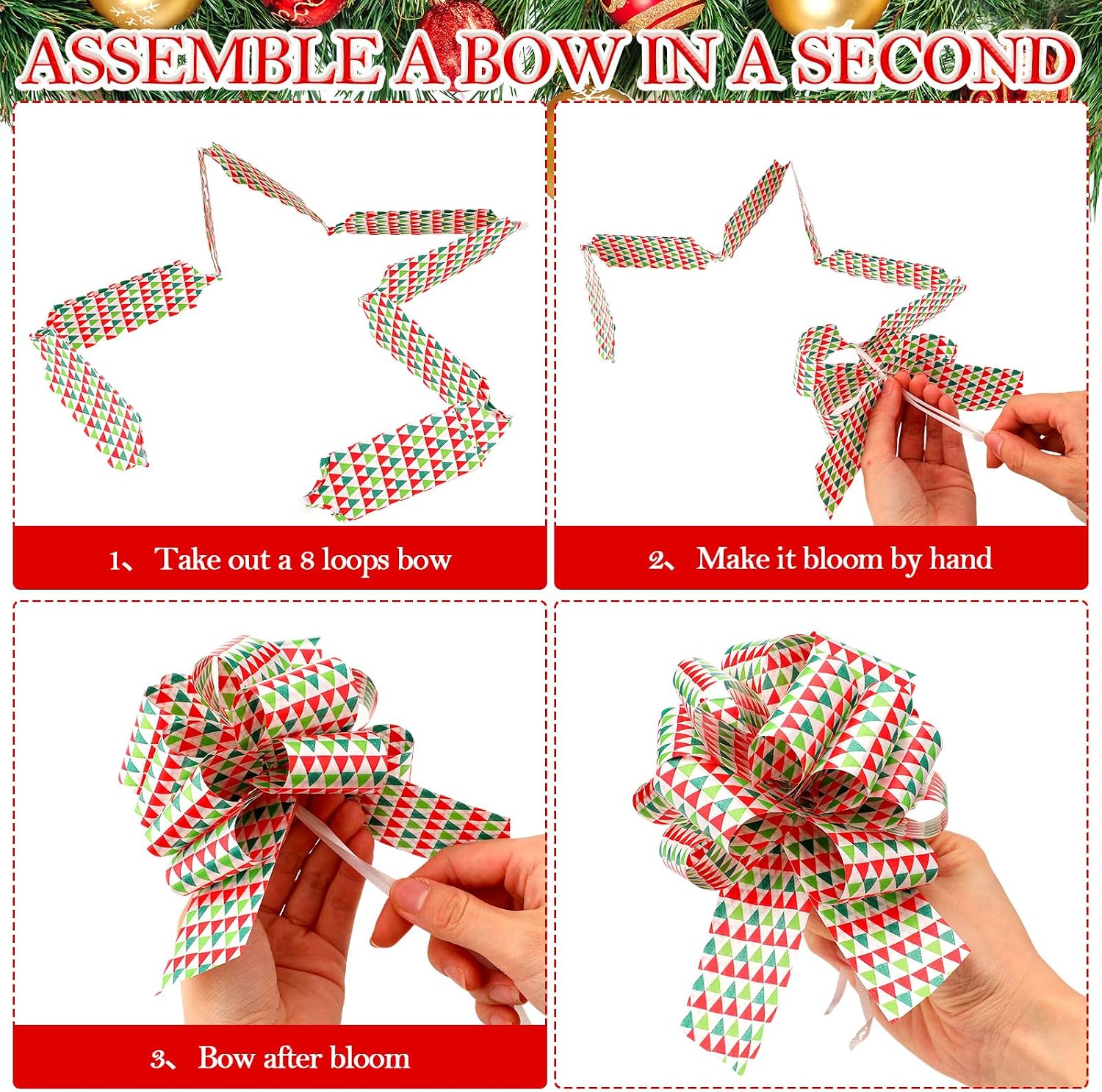 50 Pcs Christmas Pull Bows Gift Wrapping 5 Inch Pull Wrapping Bows for Christmas Tree Decoration Gifts Florist Bouquet Baskets Wreath Decor Easy to Assemble(Classic)