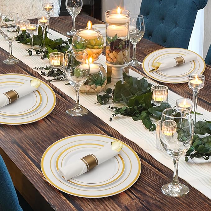 Goodluck 175 Piece Gold Plastic Dinnerware Set for 25 Guests, Fancy Disposable Plates for Party, Include: 25 Dinner Plates, 25 Dessert Plates, 25 Pre Rolled Napkins with Gold Silverware, 25 Cups