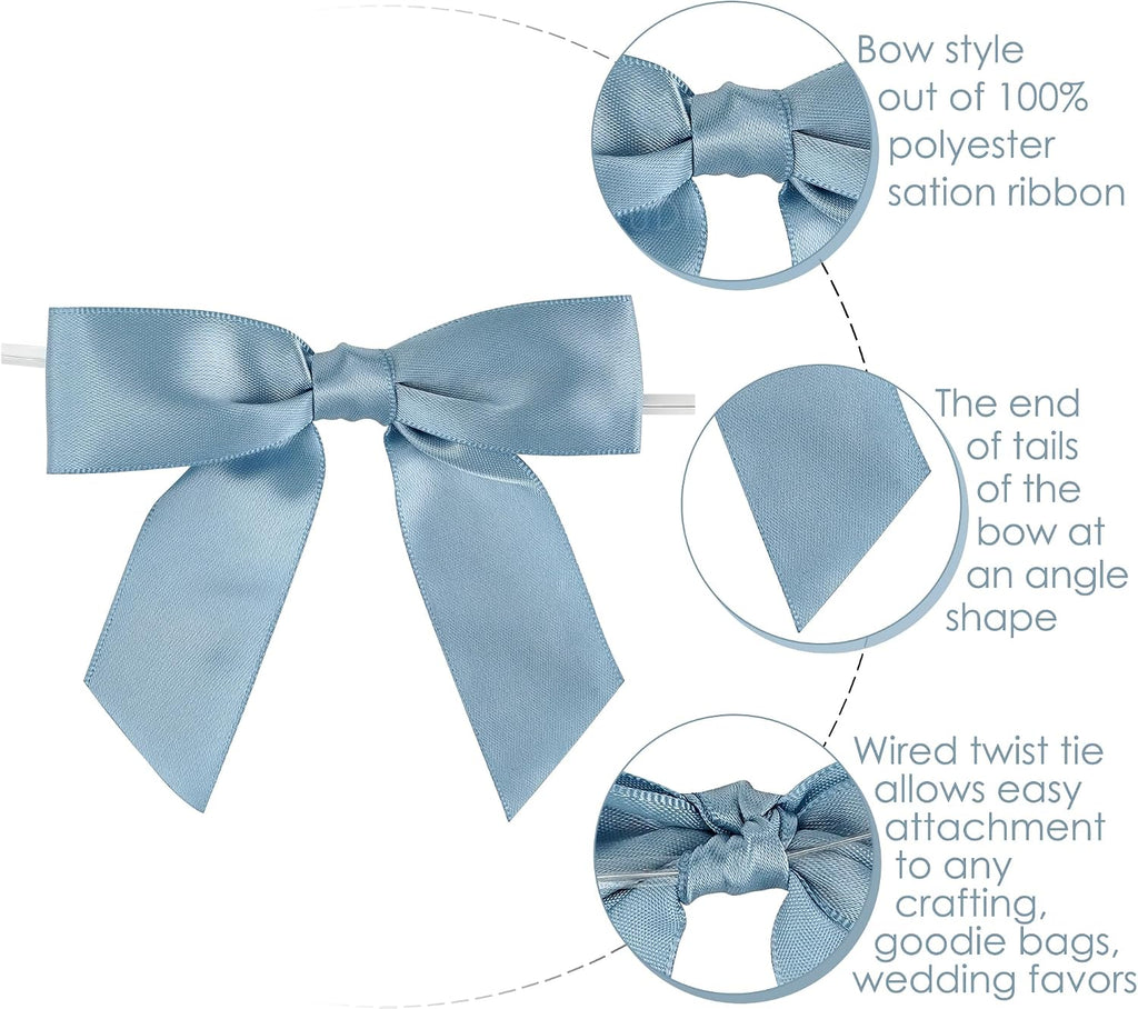 AIMUDI Dusty Blue Satin Ribbon Bows 3.5" Pre-Tied Twist Tie Bows for Treat Bags Gift Wrapping Cake Pop Goodie Bags Party Wedding Baby Shower Favor - 50 PCs