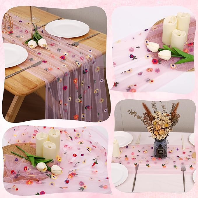 6PCS Pink Floral Table Runner 10 FT, Embroidery Daisy Table Runners Seasonal Sheer Tulle Table Runner for Thanksgiving Wedding Birthday Baby Shower Party ﻿