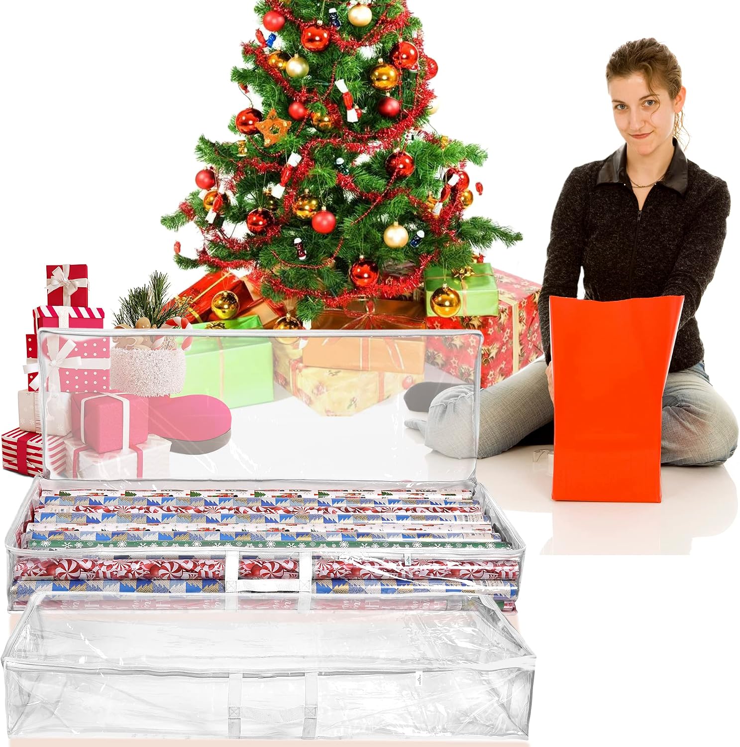 ProPik Wrapping Paper Storage Containers | Gift Wrap Organizer Under Bed 41”x14”x6” Fits 18-24 Rolls Fit Up to 40” Long Roll Wrap Storage Box Holder for Ribbon Bows and Accessories 2 Pack (White)