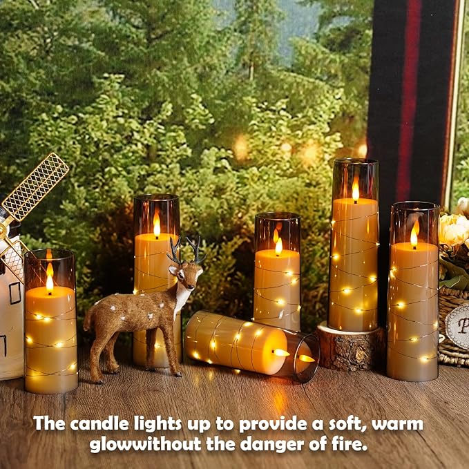 Flameless Candles with Embedded Star String - Battery Operated LED Candles, with Remote,12 Grey Flickering Candles for Christmas, Weddings, Home Decor & Party,(D 2.3"×H 5" 6" 7")