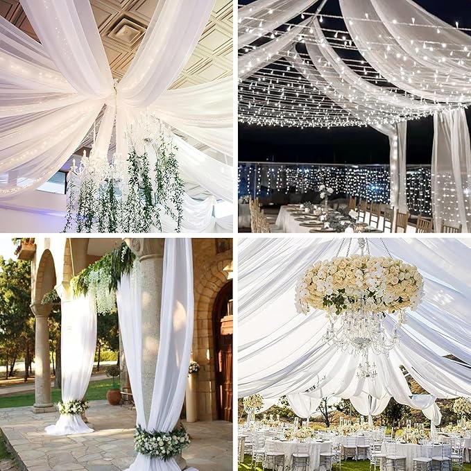 4 Panels White Wedding Ceiling Drapes 5ftx40ft Ceiling Drapes Chiffon Fabric Arch Draping Sheer Curtains Soft Drapery Draping Wedding Ceiling Decorations for Party Ceremony Stage Swag