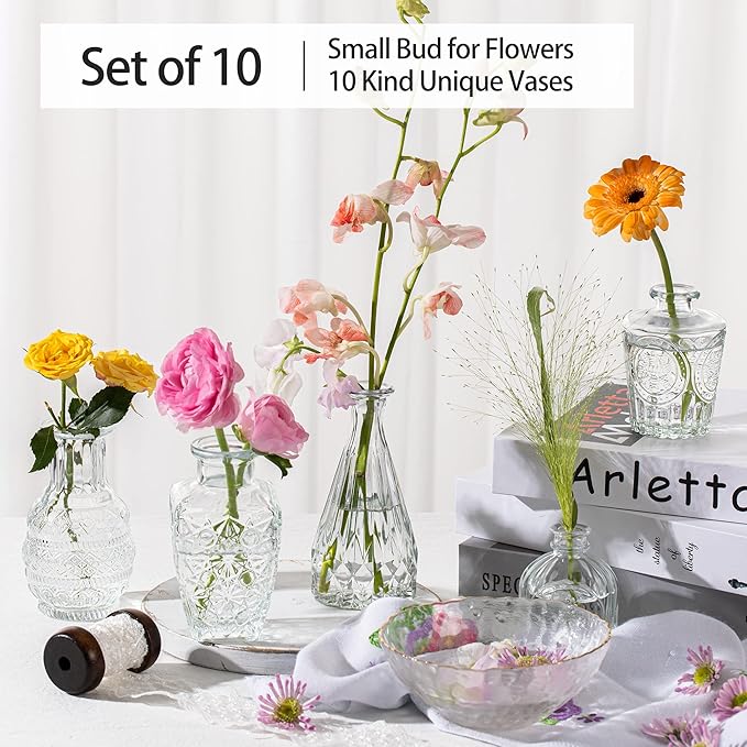 Vintage Small Vases for Flowers Set of 10, Mini Bud Vases for Flowers,Clear Small Vases in Bulk for Centerpieces Decorations,Wedding Party Home Coffee Table Flower Decor (Clear)