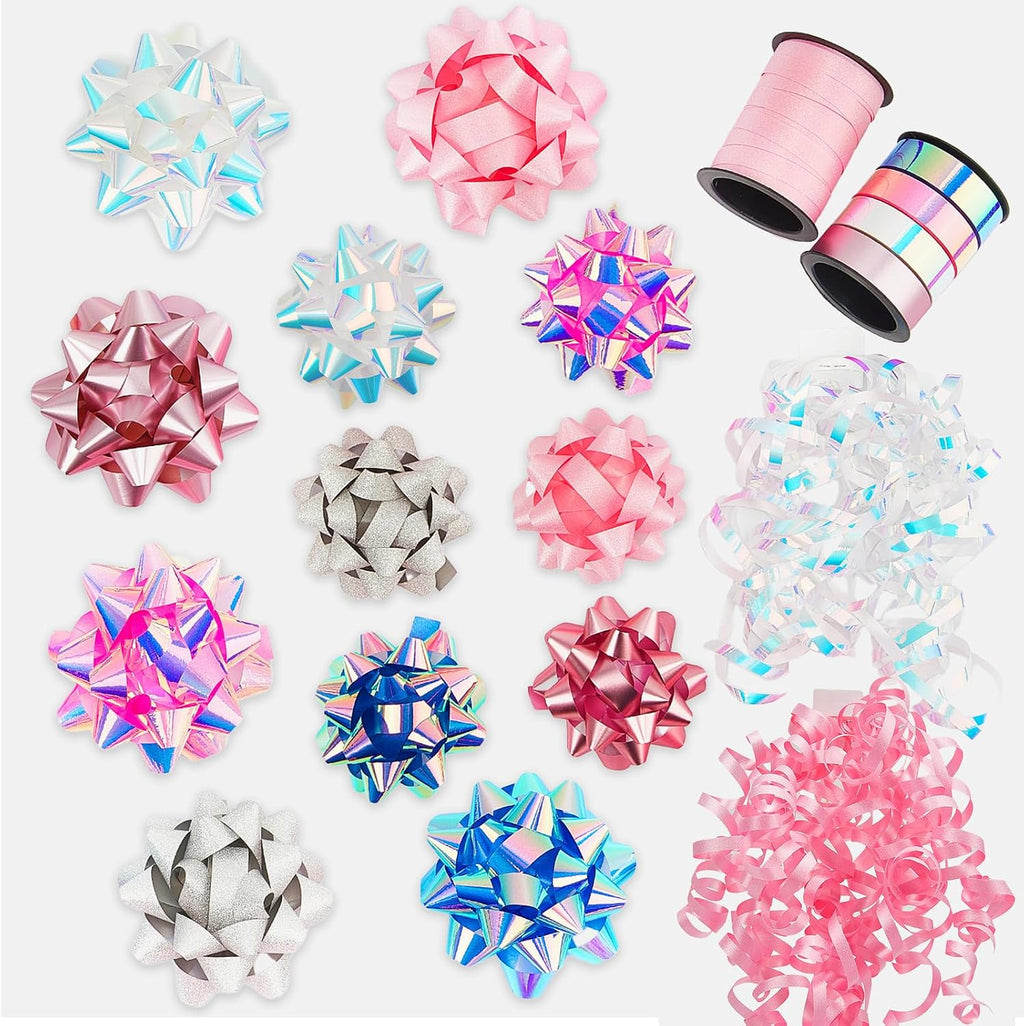 DYSHIPEN 16 Pcs Gift Bows,Bows for Gift Wrapping and Presents,2 Crimped Curling Ribbons,2 Curly Bows,Christmas Bows,for Parties, Birthdays, Weddings. (Pink, 3.5in+2.5in)