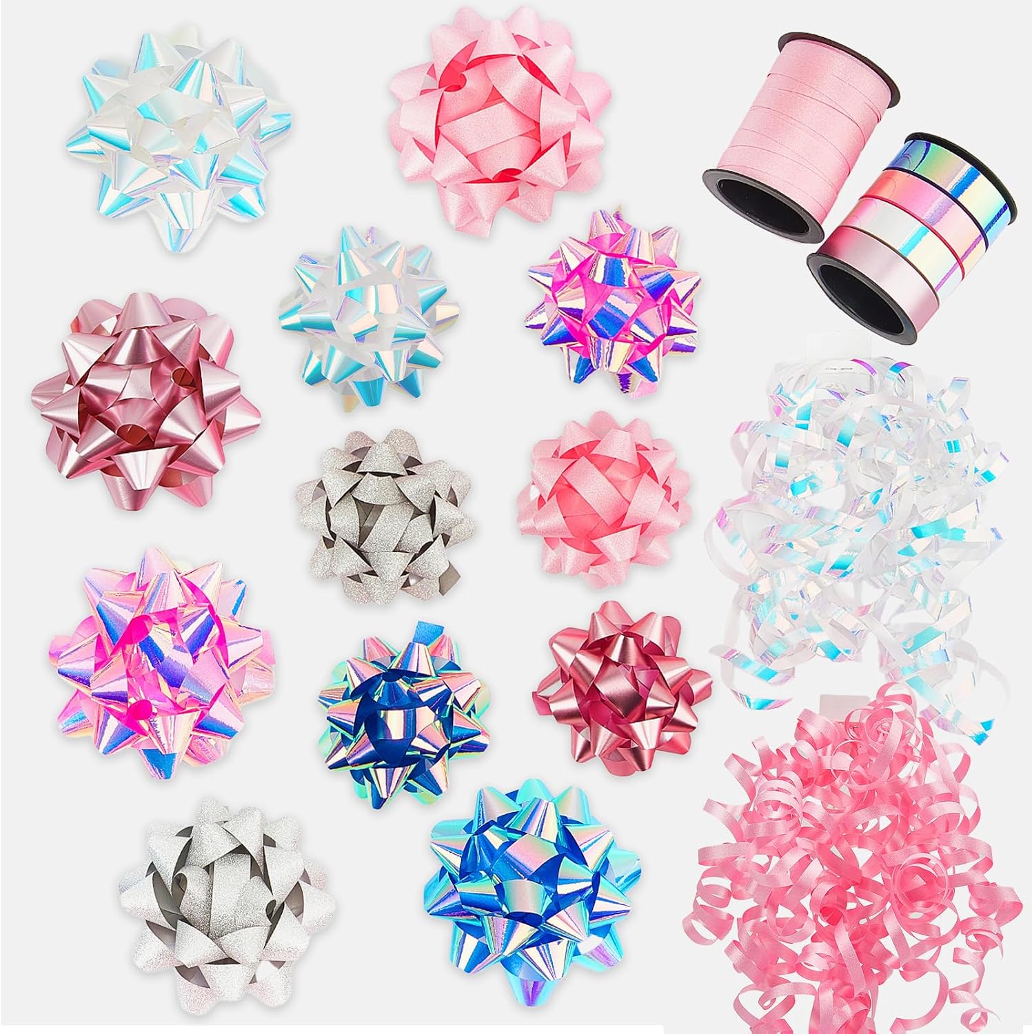 DYSHIPEN 16 Pcs Gift Bows,Bows for Gift Wrapping and Presents,2 Crimped Curling Ribbons,2 Curly Bows,Christmas Bows,for Parties, Birthdays, Weddings. (Pink, 3.5in+2.5in)