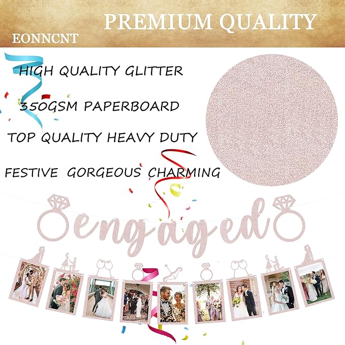 Pre-Strung Engaged Photo Banner - Rose Gold Glitter Engagement Party Decoration Supplies with Romantic Memories Picture Card Frames for Bachelorette, Bridal Shower, Wedding Party Photo Booth Props