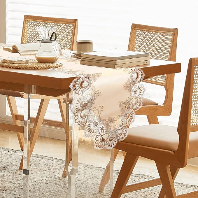 Vintage Lace Dining Table Runner, Small Macrame Coffee Table Runners 48 inches Long for Kitchen Home Christmas Party Decorations (16x48 inch, Beige)