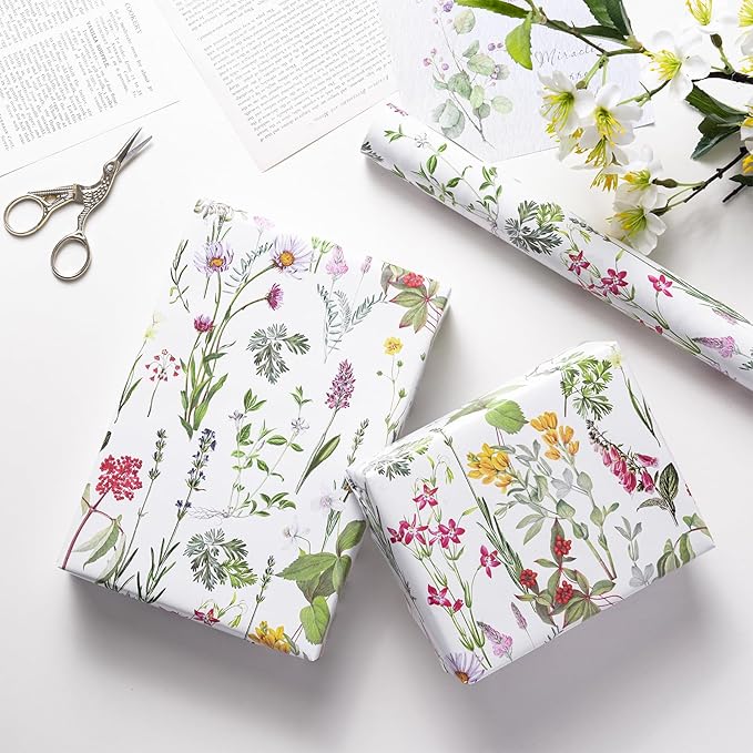 RUSPEPA 30" X 100' Wild Flower Wrapping Large Paper Roll for Women Girls, Jumbo Roll, Elegant Floral Design Gift Wrap Perfect for Birthday, Bridal Shower, Spring, Wedding, Mother's Day