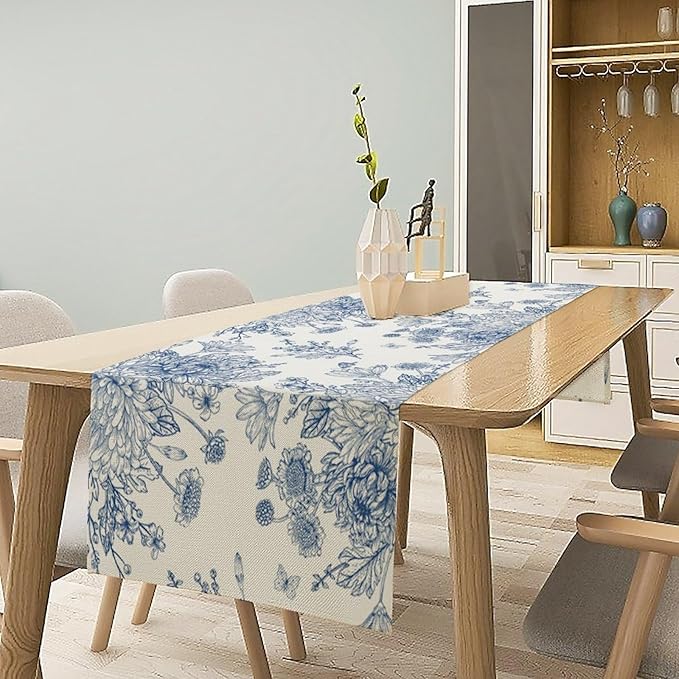 Chinoiserie Flower Table Runner, Seasonal Spring Fall Plants Blue Florals Dinner Runner for Home Kitchen Dining Table Party Holiday Decoration 13"x60"