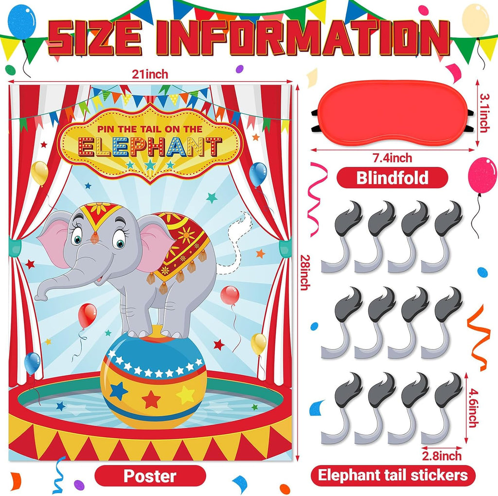 Faccito Carnival Circus Party Games Pin The Stickers on The Large Poster with 24 Pcs Stickers Blindfold Carnival Pin Game Set for Circus Birthday Party Decorations Activities Supplies(Elephant)