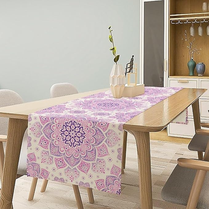 Purple Pink Mandala Table Runner, Traditional Indian Boho Mandala Flowers Print Table Runne for Kitchen Dining Table Office Wedding Party Holiday Home Decor, 13x36inch