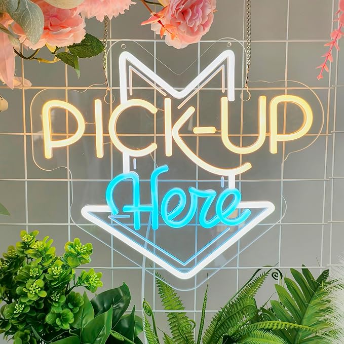 PICK-UP Here Neon Sign, Neon Lights Hanging Wall Art Decoration for Restaturant Shop Bar Market Bakeries Café Celebration Home Decor, USB Powered Ultra Bright Dimmable,14.57×12.6inches