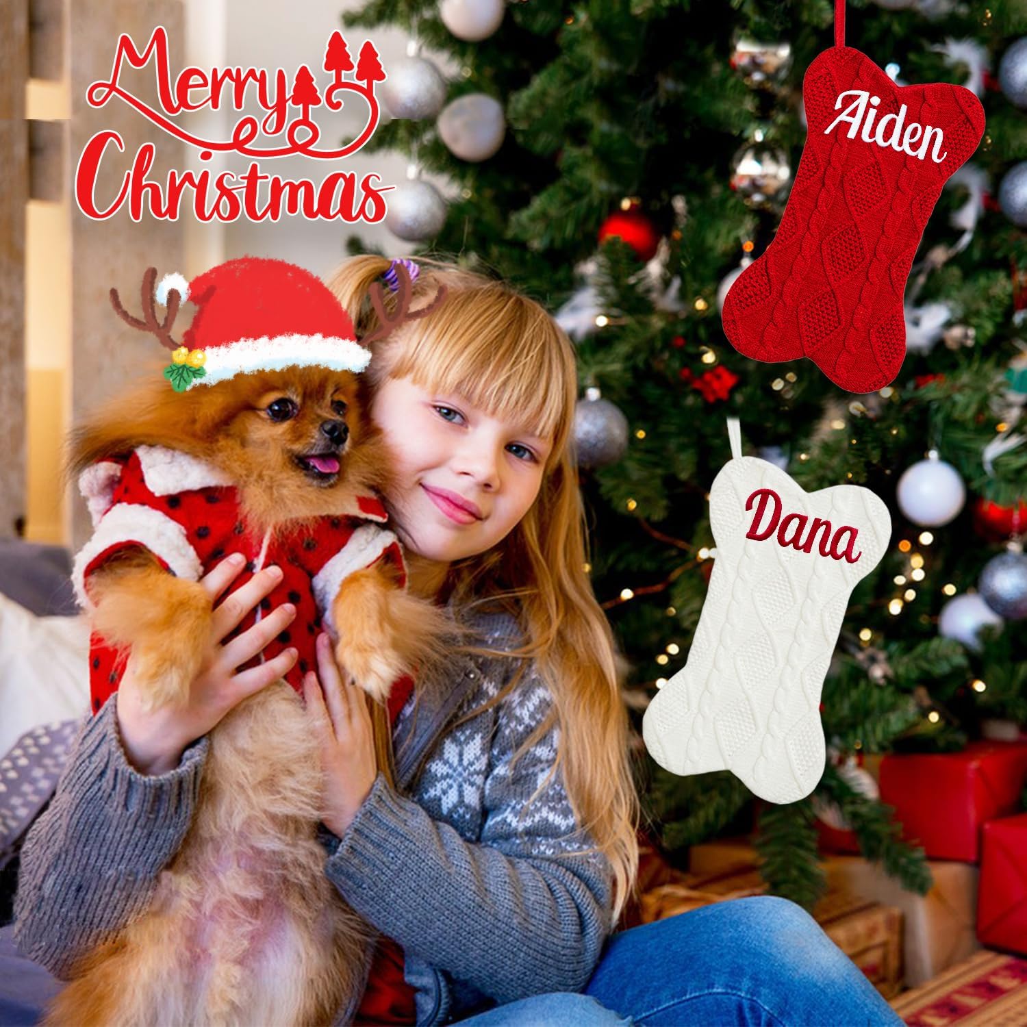 Personalized Dog Christmas Stocking, Custom Bone Shaped Knitted Christmas Stocking, Large Pet Hanging Christmas Stocking(1 Pack)