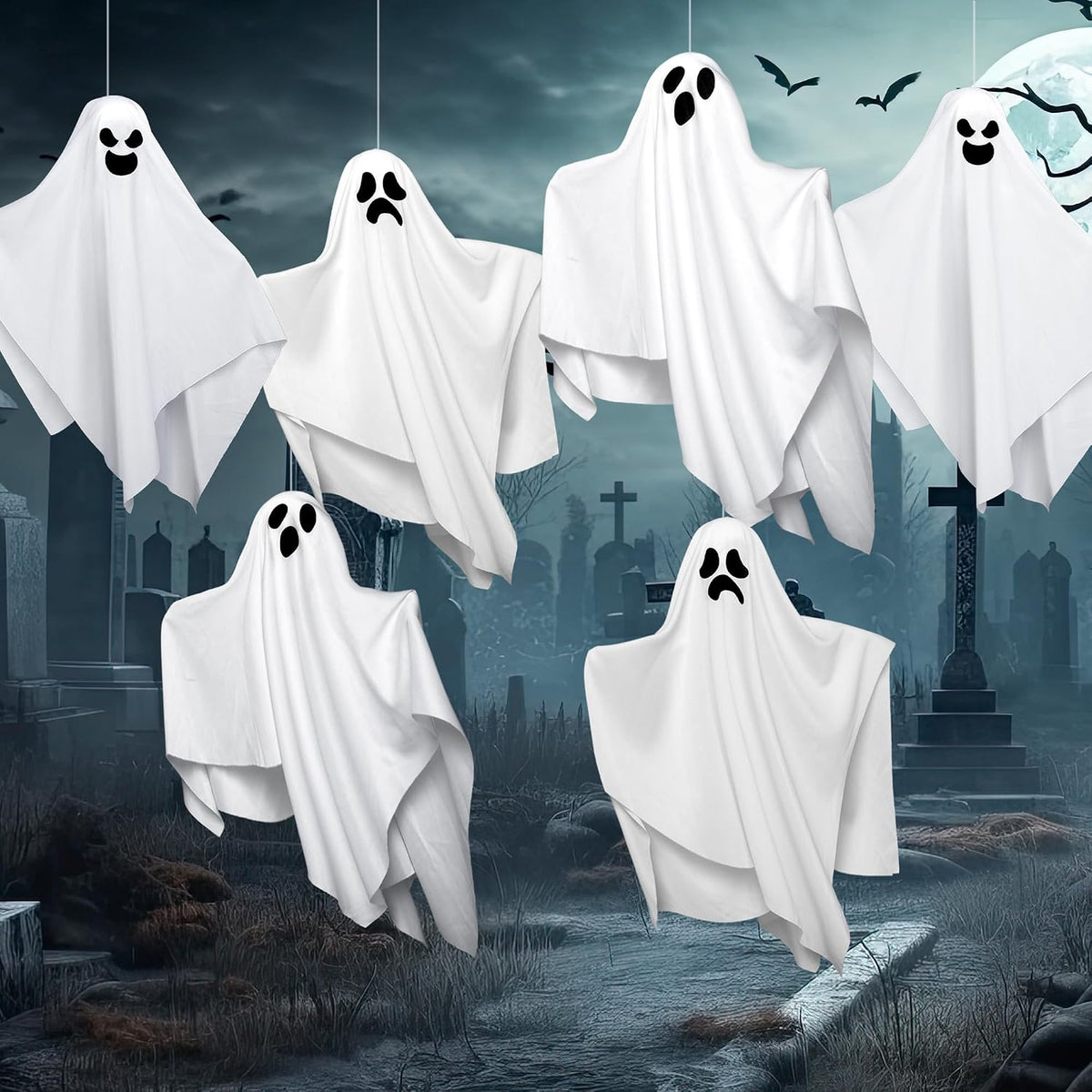 JOYIN 6 Pcs Halloween Decorations Outdoor Hanging Ghost, 19.6” White Flying G...