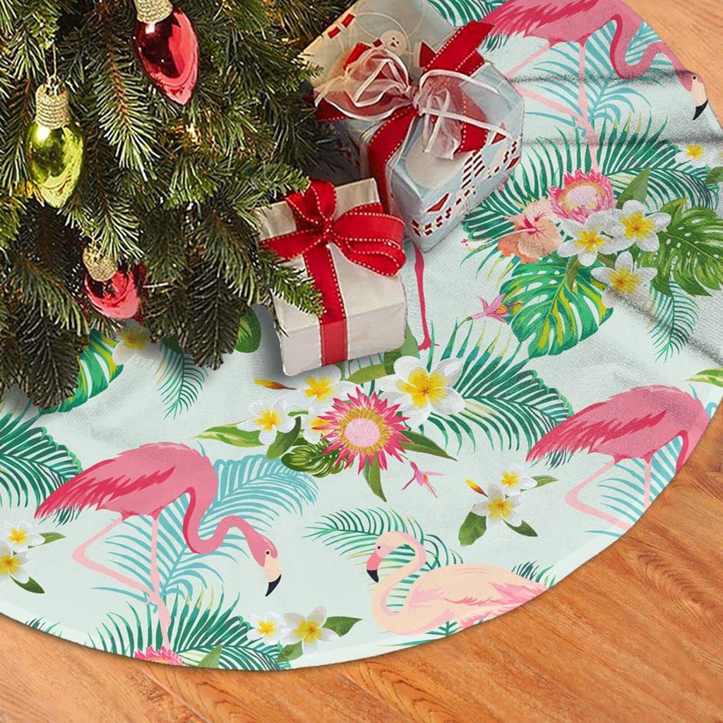 Flamingo Christmas Tree Skirt for Xmas Holiday Party Supplies Large Tree Mat Decor, Tropical Summer Pink Flamingo Palm Leaves Flowers Ornaments 30"
