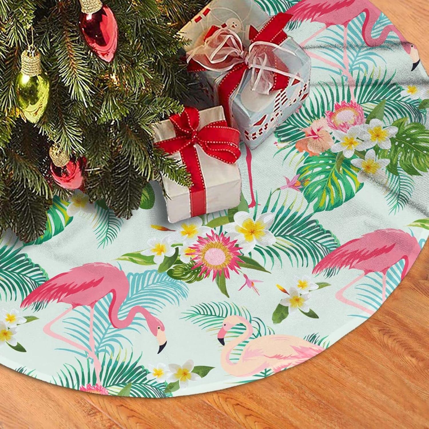 Flamingo Christmas Tree Skirt for Xmas Holiday Party Supplies Large Tree Mat Decor, Tropical Summer Pink Flamingo Palm Leaves Flowers Ornaments 30"