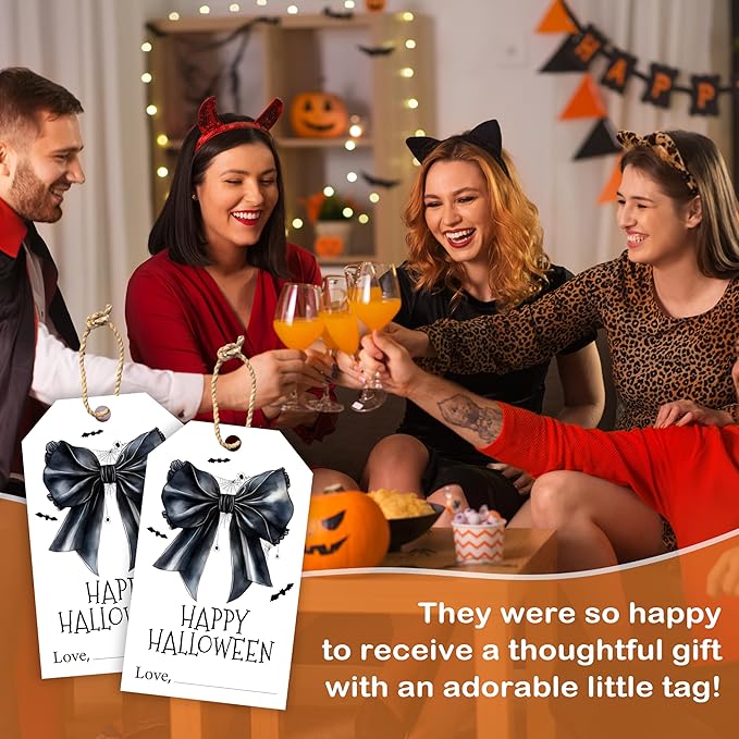 50 Pcs Halloween Tags with String, 2.1"×3.5" Bowknot Paper Gifts Tags, Bat Trick or Treat for Candy, Spider Happy Halloween Gifts Tag Wrap for Party Favor - B06