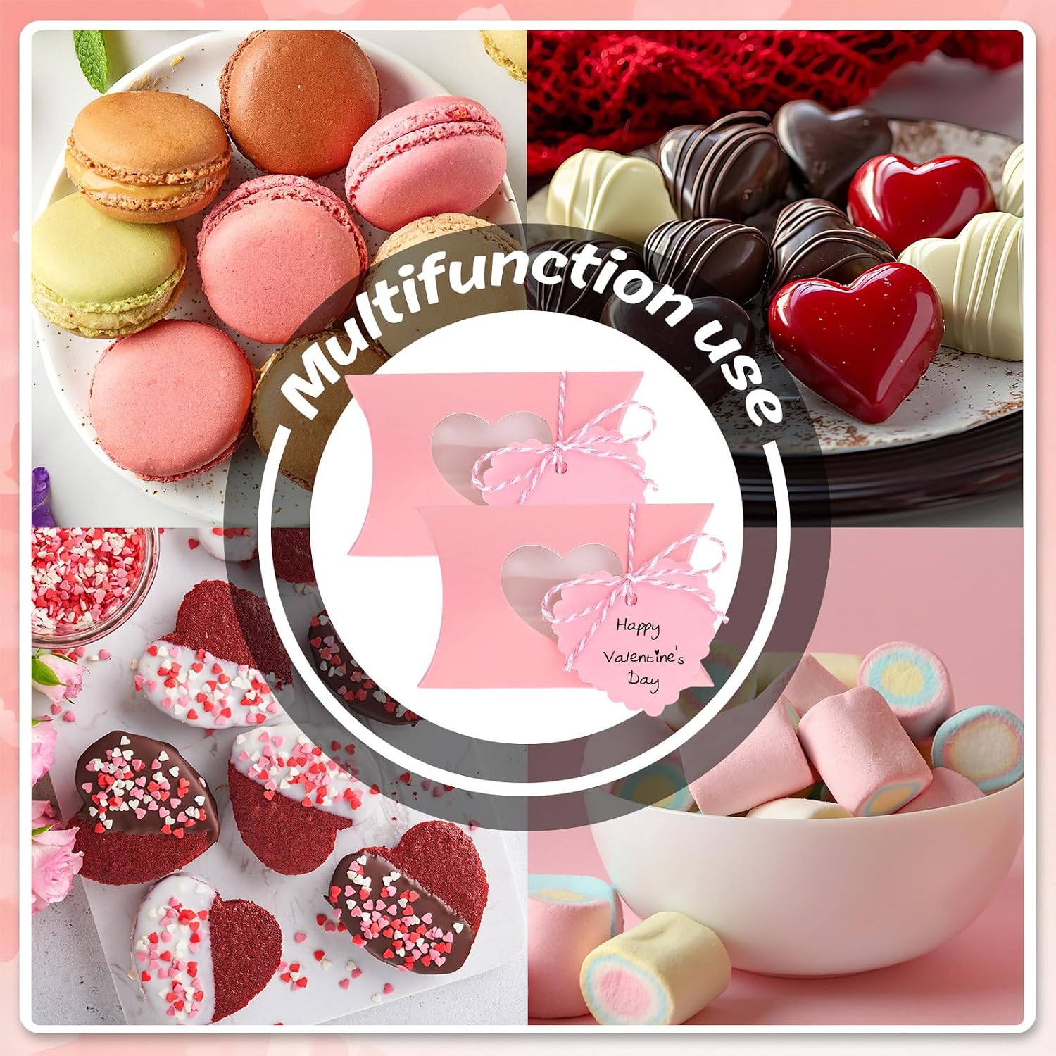JarThenaAMCS 50Pcs Valentine' s Day Treat Boxes with Gift Tag Cotton Rope Paper Gift Container Pink Pillow Box with Heart Shaped PVC Window for Wedding Party Birthday Sweets Chocolate