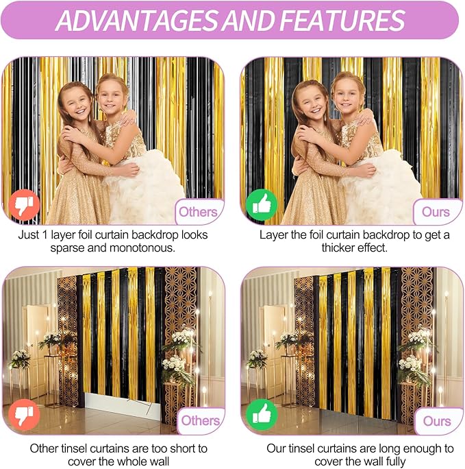 Crosize 2 Pack 3.3 x 9.9 ft Gold and Black Foil Fringe Curtains Party Decorations, Gold Tinsel Curtain Backdrop for Parties, Door Streamers, Glitter Streamer Fringe Backdrop for Birthday Decoration