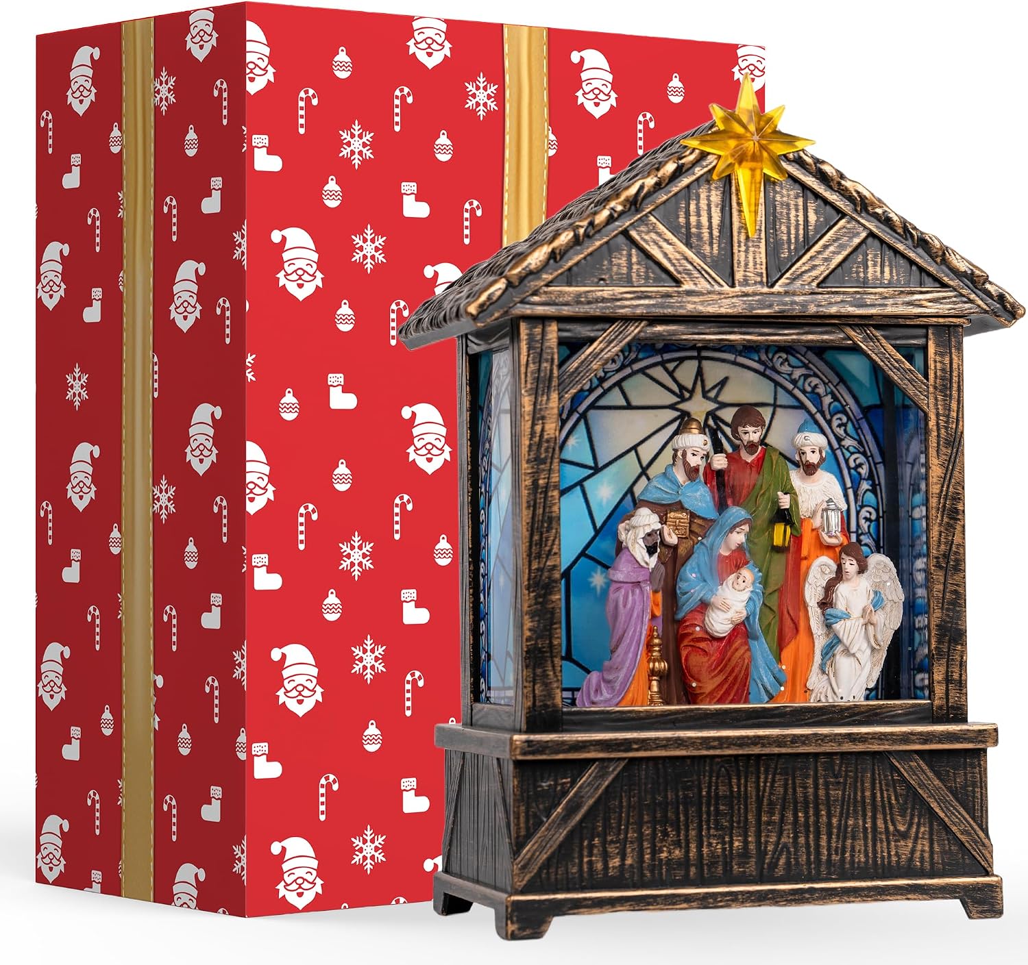 Nativity with Star Musical Lighted Water Creche with Swirling Glitter, Christmas Snow Globe Adoration of The Magi Nativity Manger Scene, Holiday Decorations Gifts for Family, Children or Friends